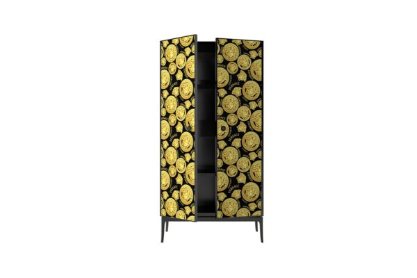 Stiletto+-+Cabinet+-+90x53x179H+cm+-+Structure+Wood+-+Frame+in+Lacquered+Wood+Satin+Grey+with+Matt+Finish+-+External+Shutters+Covered+in+Medusa+Amplified+Black+Gold+-+VMB+(01)+